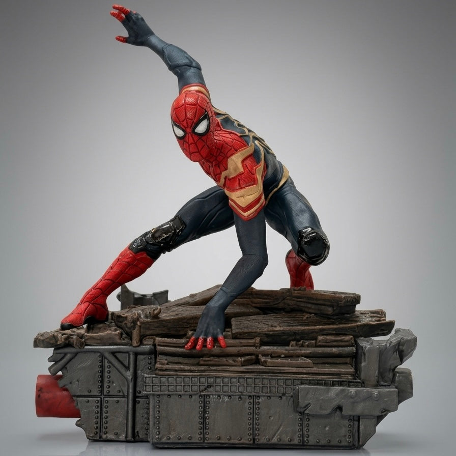 Spider-Man Integrated Suit PVC statue in a crouching wall-crawler pose on a riveted metal and wooden debris base