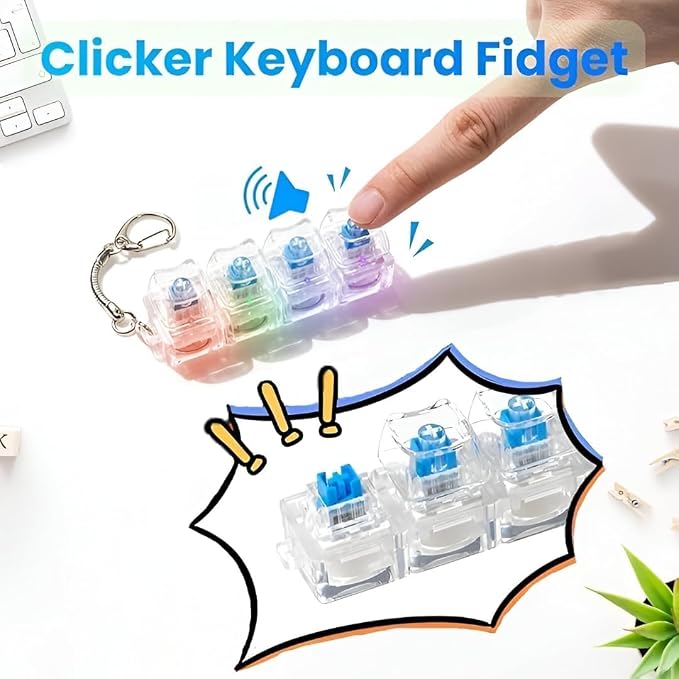 Mechanical Keyboard Switch Fidget Toy with Keychain - 4 Key Clicker Keycap Pad with Clear Housing and Blue Switches | Portable Stress Relief Finger Clicker for Office, Study and Gaming