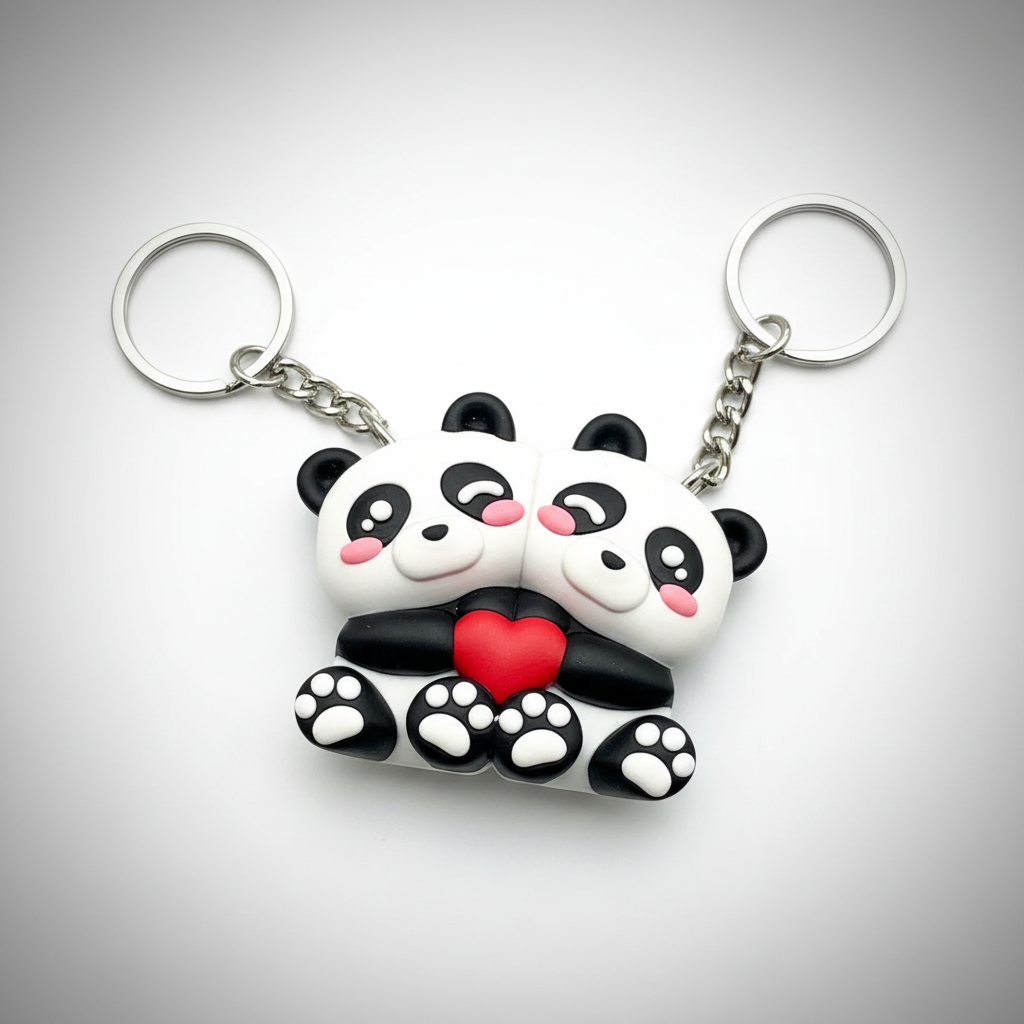 Craftgami 3D Printed Keychain, Stay Together Love Panda, Cute Couple Panda with Red Heart, 2 Pack