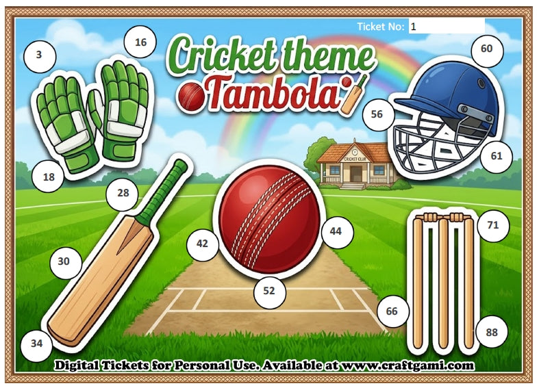Digital Tambola Tickets - Cricket Theme - Design#1 (Set A) Tickets No 1 to 20 - PDF File download