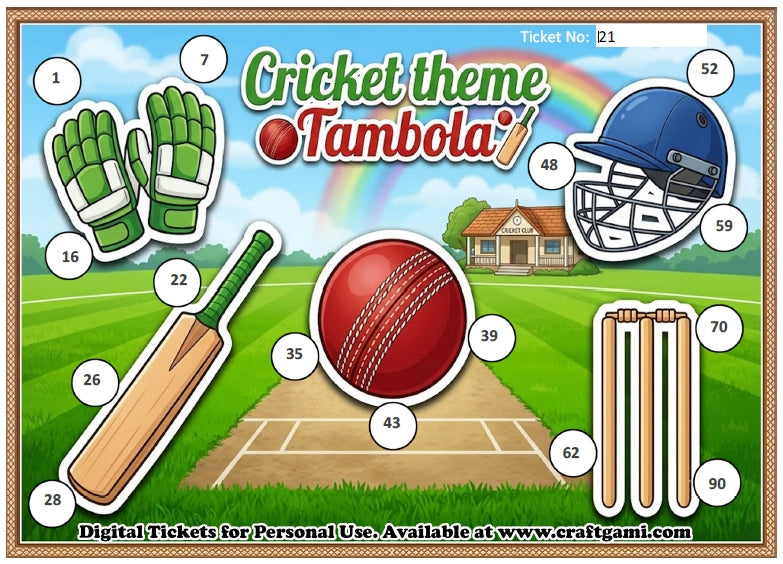 Digital Tambola Tickets - Cricket Theme - Design#1 (Set B) Tickets No 21 to 40 - PDF File download