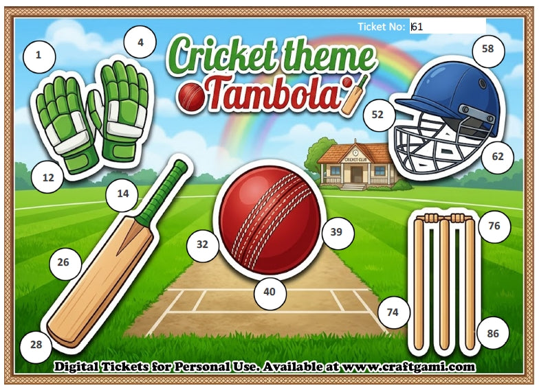 Digital Tambola Tickets - Cricket Theme - Design#1 (Set D) Tickets No 61 to 80 - PDF File download