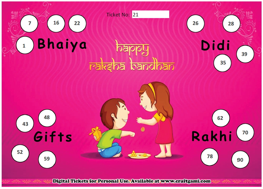 Digital Tambola Tickets - Rakhshabandhan Theme - Design#3 (Set B) Tickets No 21 to 40 - PDF File download