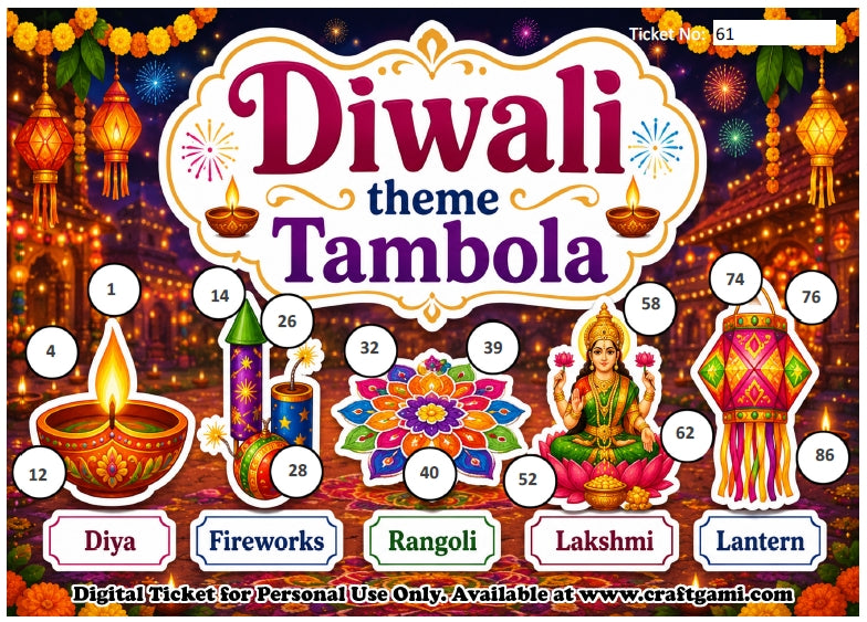 Digital Tambola Tickets - Diwali Theme - Design#5 (Set D) Tickets No 61 to 80 - PDF File download