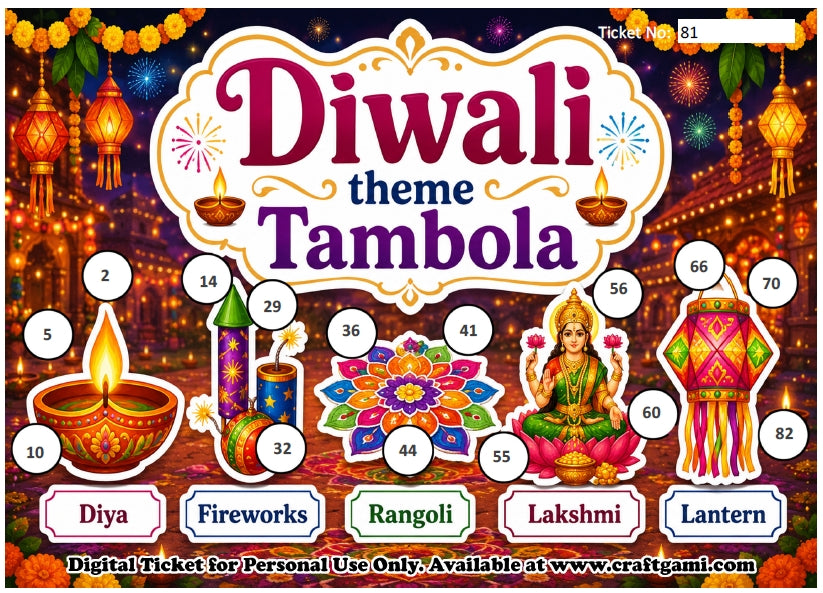 Digital Tambola Tickets - Diwali Theme - Design#5 (Set E) Tickets No 81 to 100 - PDF File download