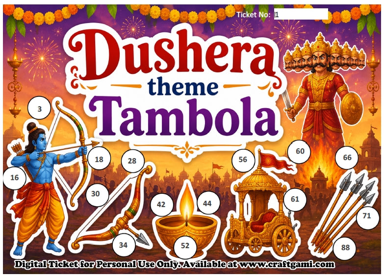 Digital Tambola Tickets - Dushera Theme - Design#1 (Set A) Tickets No 1 to 20 - PDF File download