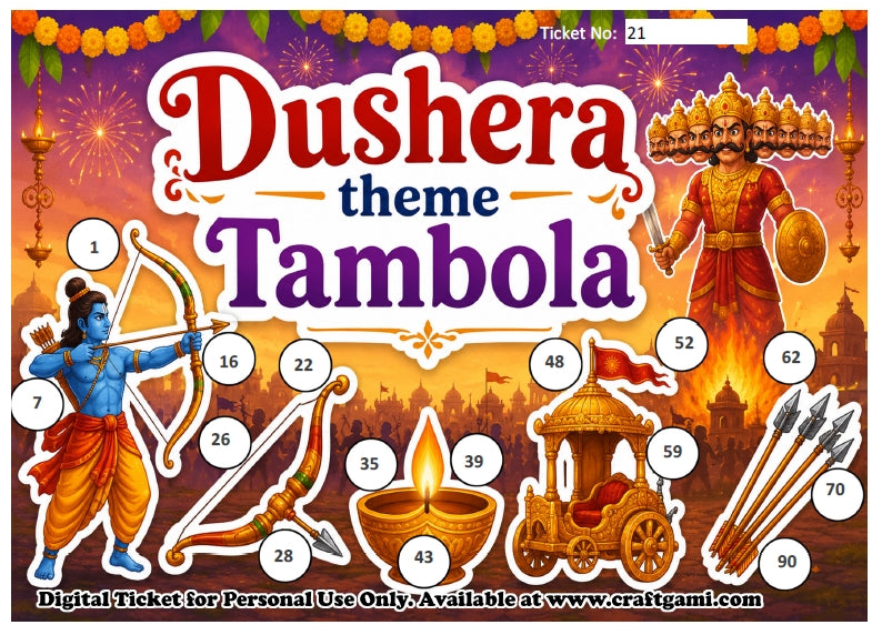 Digital Tambola Tickets - Dushera Theme - Design#1 (Set B) Tickets No 21 to 40 - PDF File download