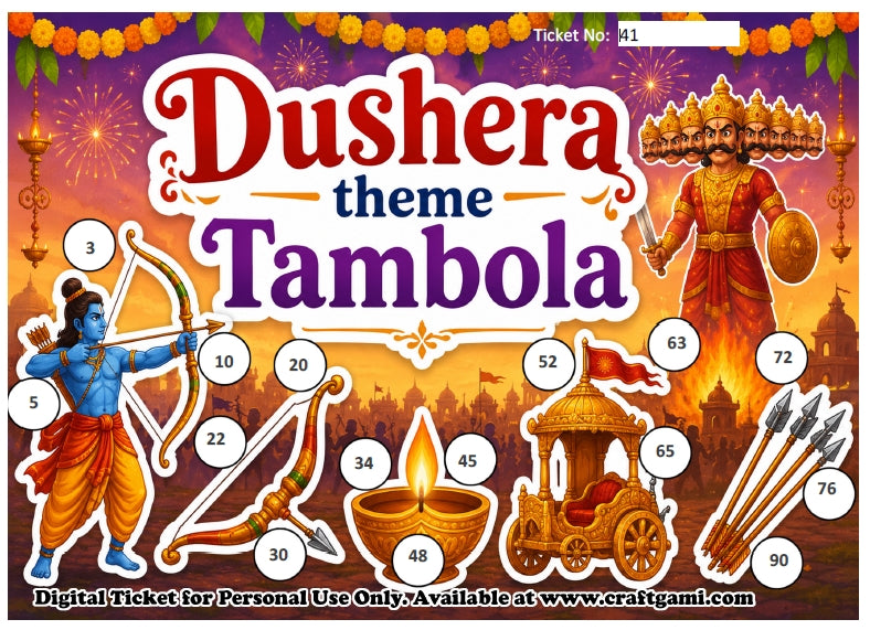 Digital Tambola Tickets - Dushera Theme - Design#1 (Set C) Tickets No 41 to 60 - PDF File download