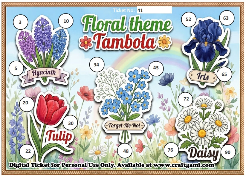 Digital Tambola Tickets - Floral Theme - Design#1 (Set C) Tickets No 41 to 60 - PDF File download