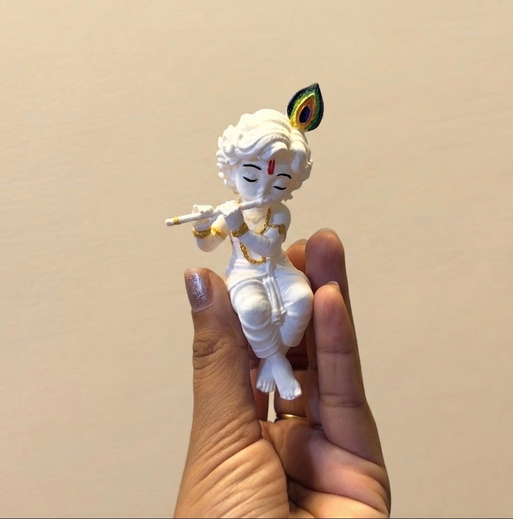 Krishna Playing Flute - 3D Printed Sitting Figurine (Ready to Paint) (White - Unpainted)