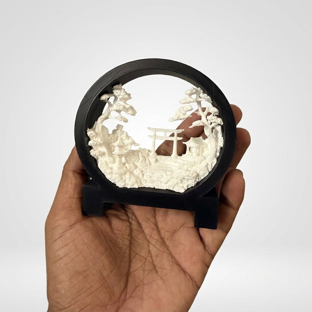 Zen Garden Torii Gate Circular Wall Art – 3D Printed Desk Decor