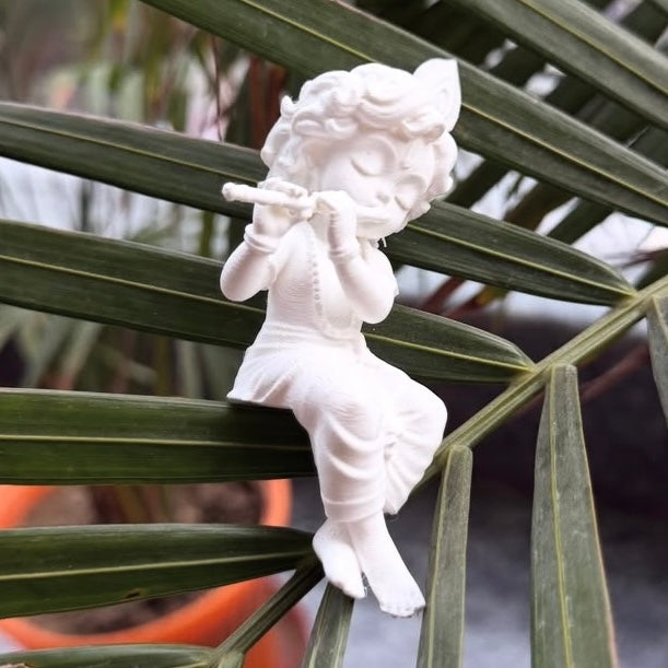 Krishna Playing Flute - 3D Printed Sitting Figurine (Ready to Paint) (White - Unpainted)