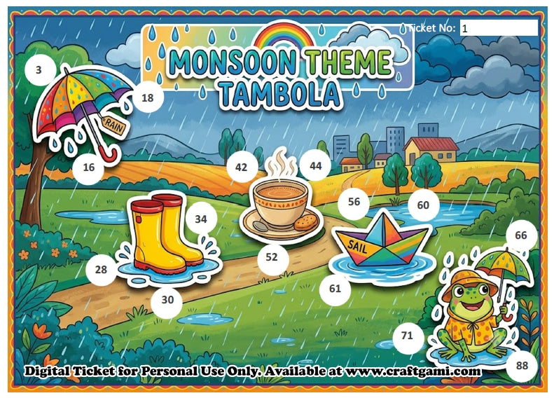 Digital Tambola Tickets - Monsoon Theme - Design#1 (Set A) Tickets No 1 to 20 - PDF File download