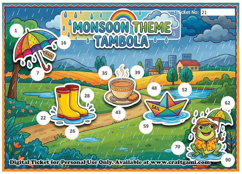 Digital Tambola Tickets - Monsoon Theme - Design#1 (Set B) Tickets No 21 to 40 - PDF File download