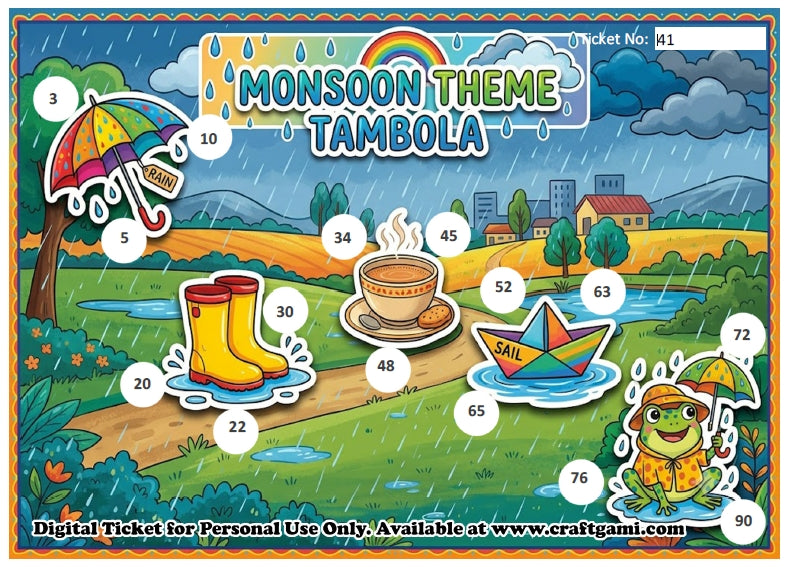Digital Tambola Tickets - Monsoon Theme - Design#1 (Set C) Tickets No 41 to 60 - PDF File download
