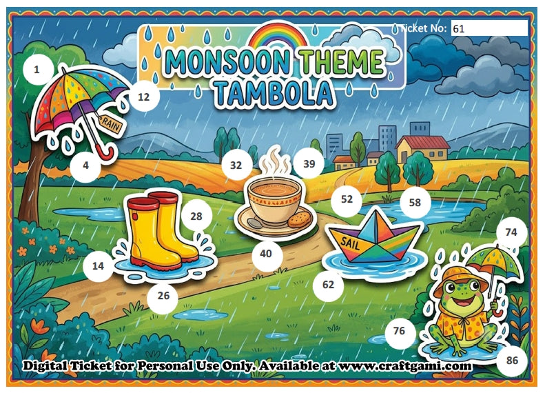 Digital Tambola Tickets - Monsoon Theme - Design#1 (Set D) Tickets No 61 to 80 - PDF File download