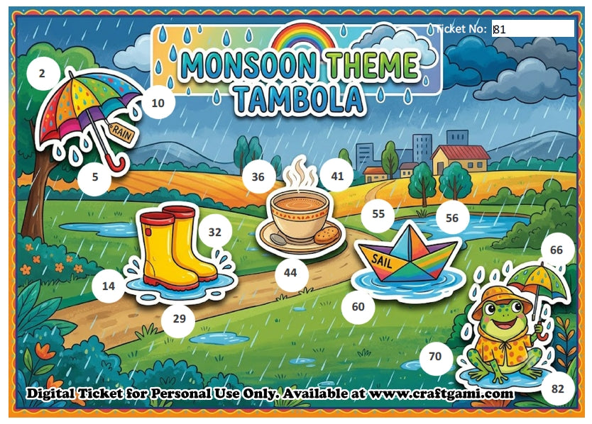Digital Tambola Tickets - Monsoon Theme - Design#1 (Set E) Tickets No 81 to 100 - PDF File download