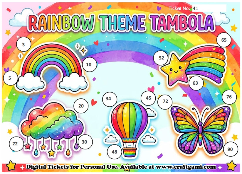 Digital Tambola Tickets - Rainbow Theme - Design#1 (Set C) Tickets No 41 to 60 - PDF File download