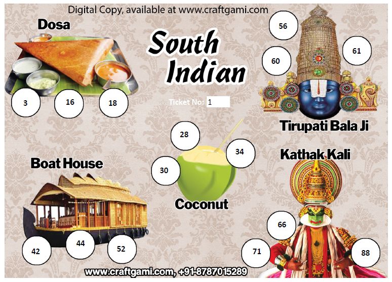 Digital Tambola Tickets - South Indian Theme (Set B) Tickets No 21 to 40 - PDF File download
