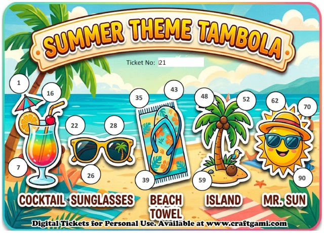Digital Tambola Tickets - Summer Theme - Design#1 (Set B) Tickets No 21 to 40 - PDF File download