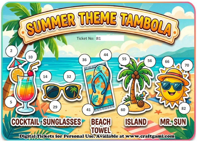 Digital Tambola Tickets - Summer Theme - Design#1 (Set E) Tickets No 81 to 100 - PDF File download
