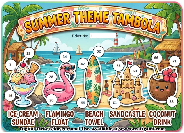 Digital Tambola Tickets - Summer Theme - Design#2 (Set A) Tickets No 1 to 20 - PDF File download