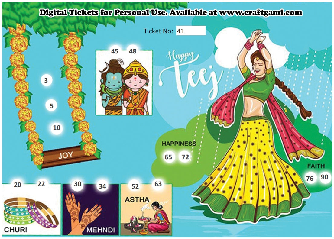 Digital Tambola Tickets - Teej Theme - Design#2 (Set C) Tickets No 41 to 60 - PDF File download
