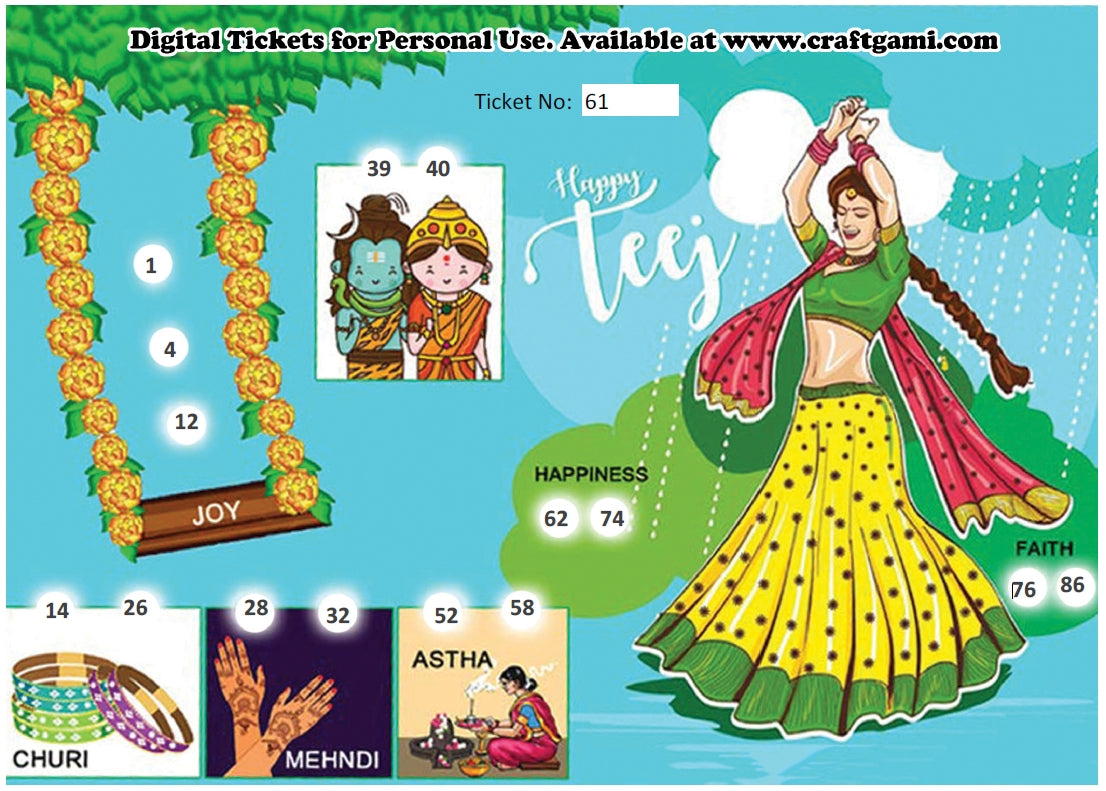Digital Tambola Tickets - Teej Theme - Design#2 (Set D) Tickets No 61 to 80 - PDF File download