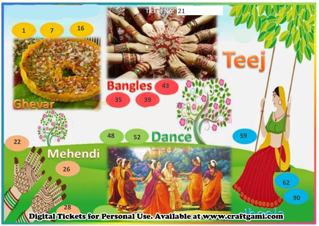 Digital Tambola Tickets - Teej Theme - Design#1 (Set B) Tickets No 21 to 40 - PDF File download