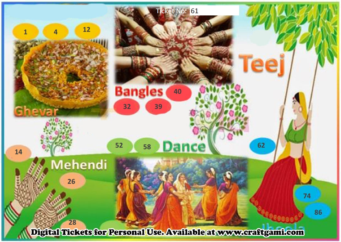 Digital Tambola Tickets - Teej Theme - Design#1 (Set D) Tickets No 61 to 80 - PDF File download