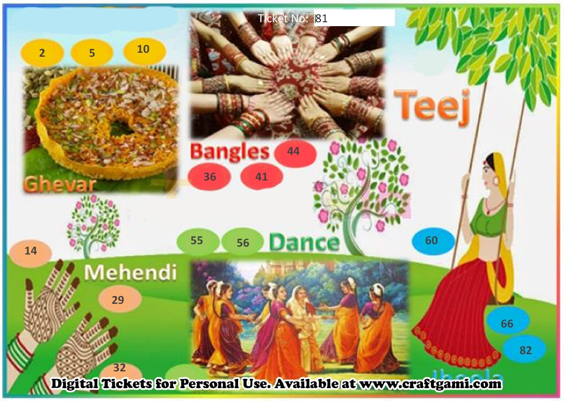 Digital Tambola Tickets - Teej Theme - Design#1 (Set E) Tickets No 81 to 100 - PDF File download