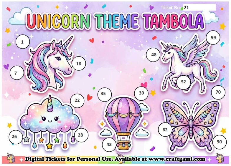 Digital Tambola Tickets - Unicorn Theme - Design#1 (Set B) Tickets No 21 to 40 - PDF File download