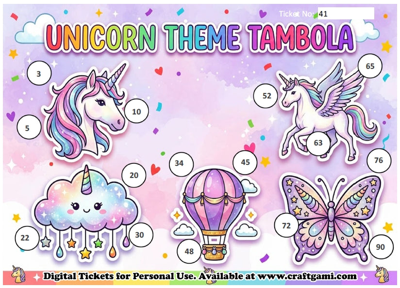 Digital Tambola Tickets - Unicorn Theme - Design#1 (Set C) Tickets No 41 to 60 - PDF File download