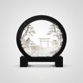 3D printed torii gate zen garden circular desk decor, biodegradable PLA, black frame with white relief scene
