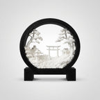3D printed torii gate zen garden circular desk decor, biodegradable PLA, black frame with white relief scene