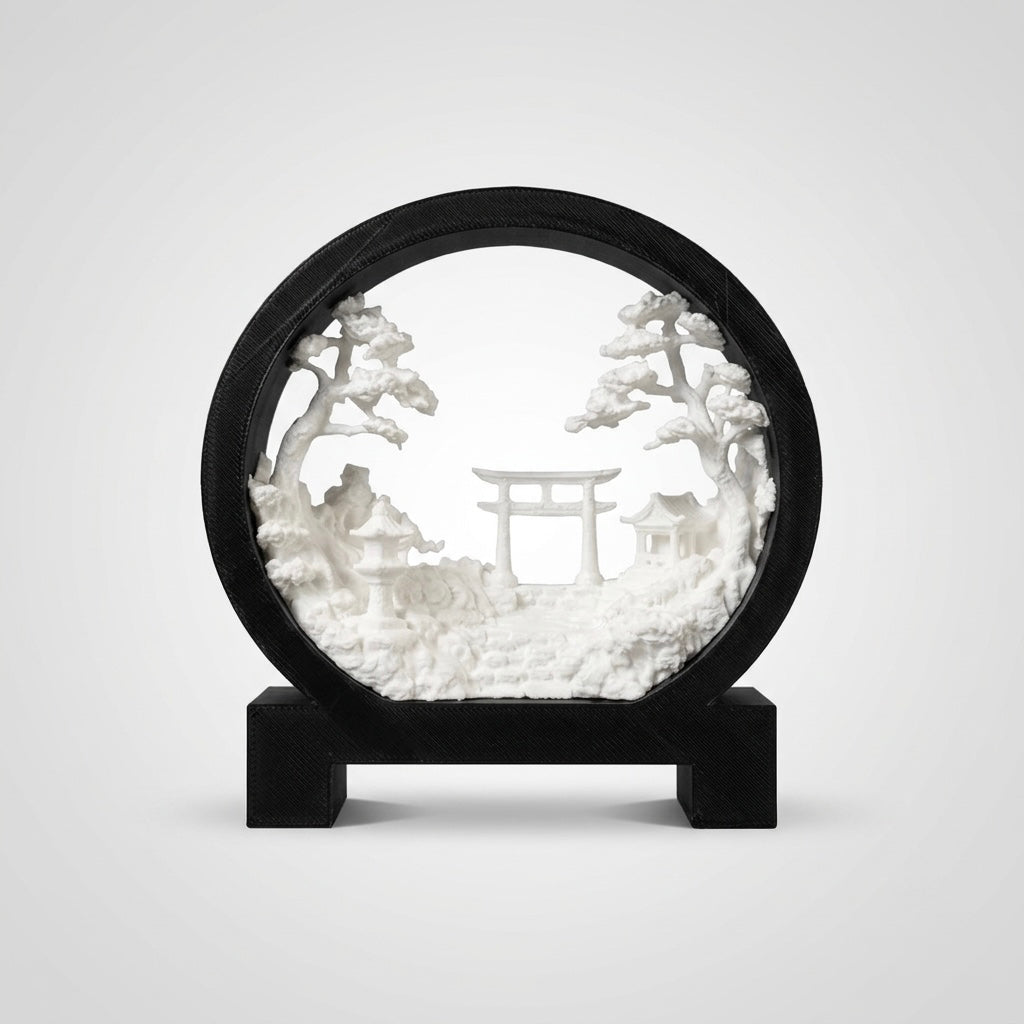 3D printed torii gate zen garden circular desk decor, biodegradable PLA, black frame with white relief scene