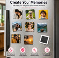 Customised photo fridge magnets displayed on a stainless steel fridge