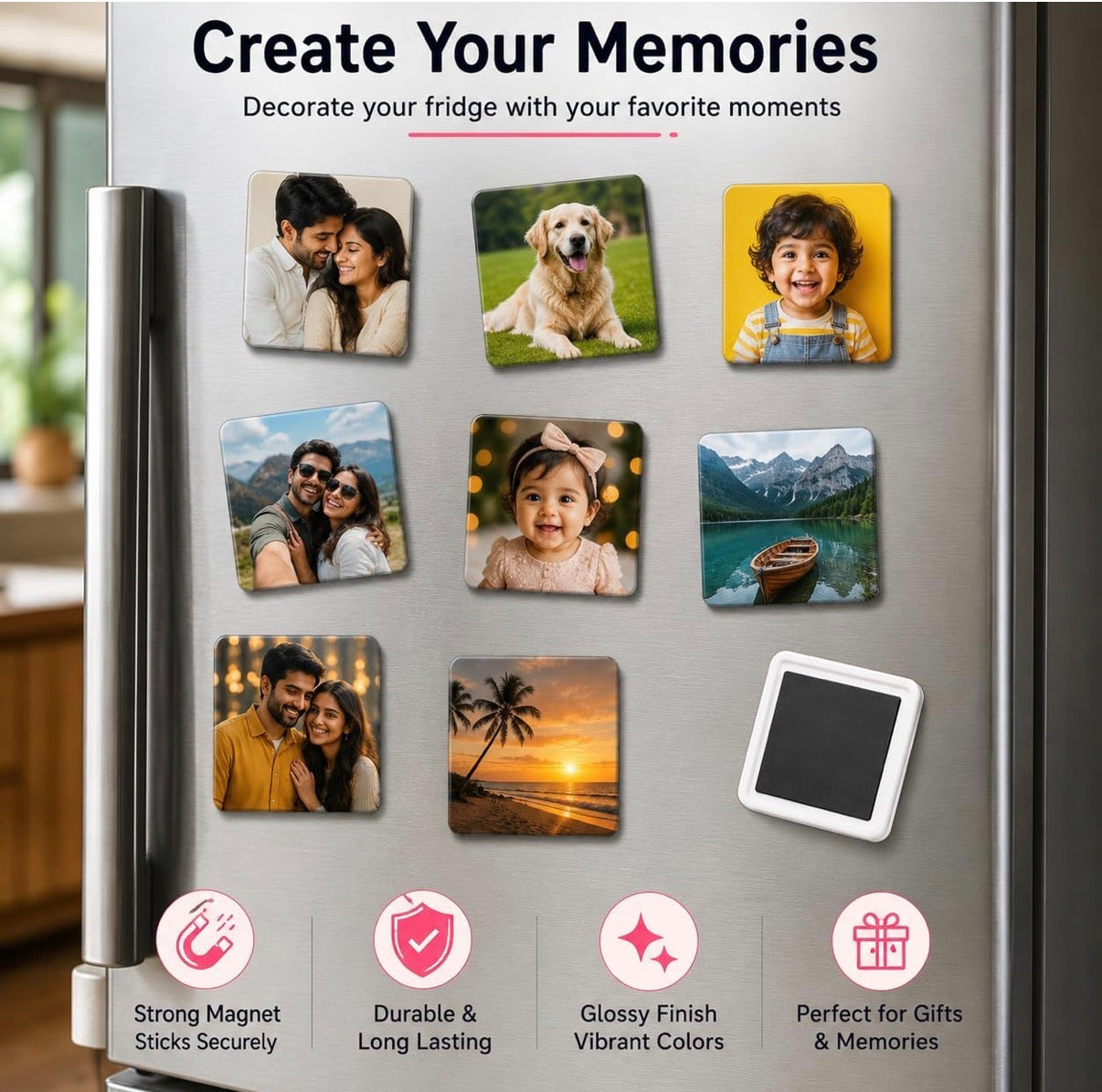 Customised photo fridge magnets displayed on a stainless steel fridge