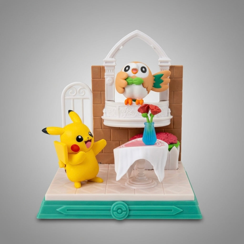 Pikachu and Rowlet balcony Pokémon PVC vinyl mini diorama playset