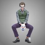 The Joker sitting statue holding a clown mask, 15 cm PVC collectible figure on gray background